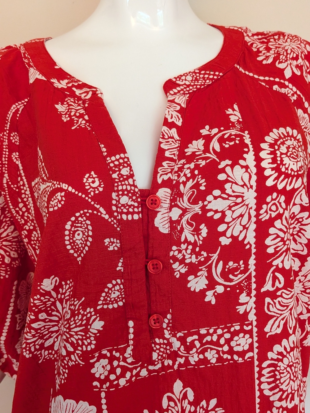 Boho Patchwork Red Mini Dress with Ruffle Hem - Picture 4 of 10